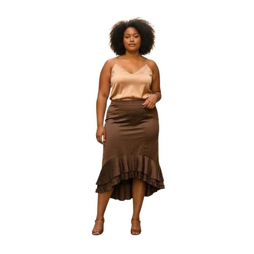Russell Kemp New York Brown Satin High-Low Pleated Ruffle Midi Skirt 14‎ 5135